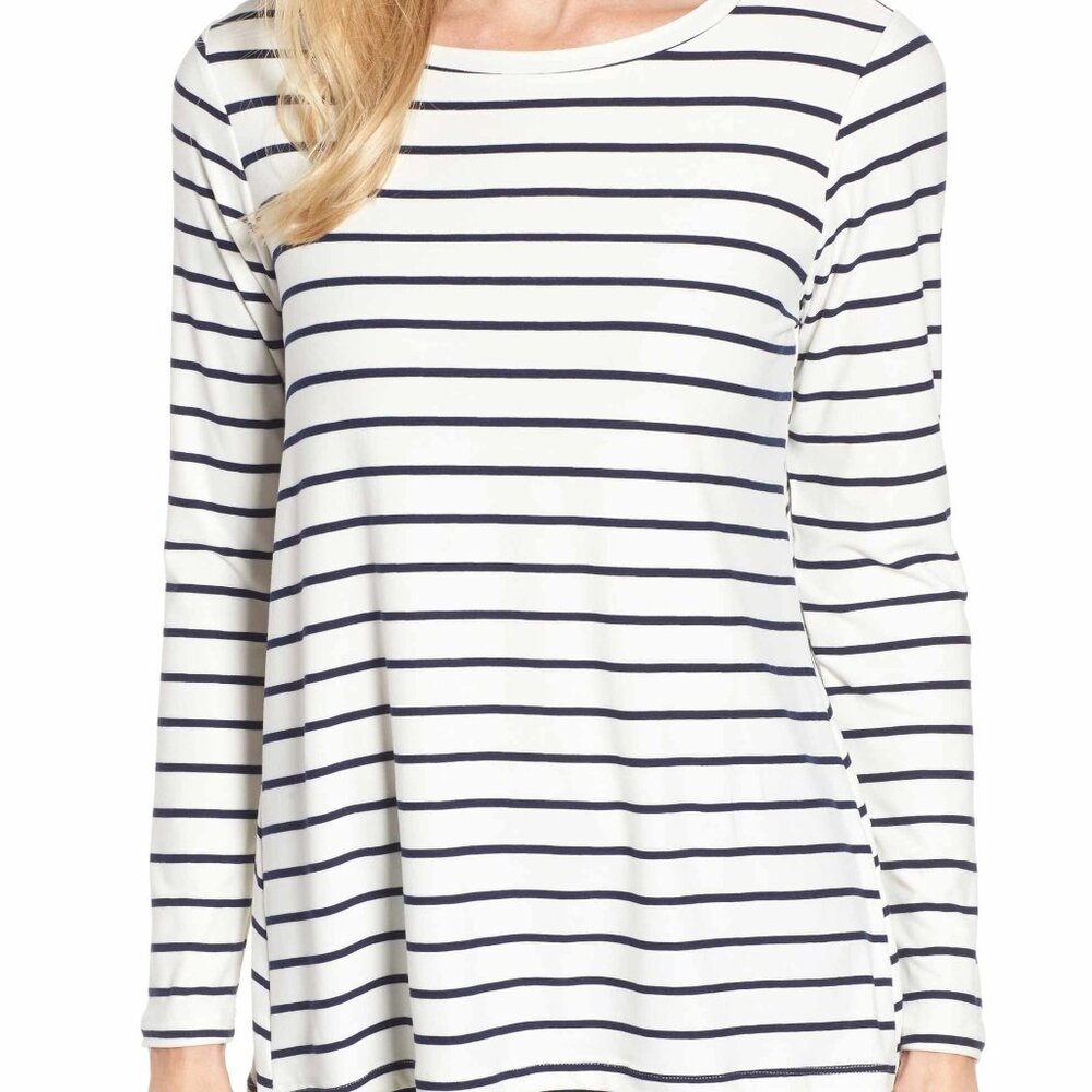Bobeau Striped Long Sleeve Super Soft Shirt Black & White Size Large